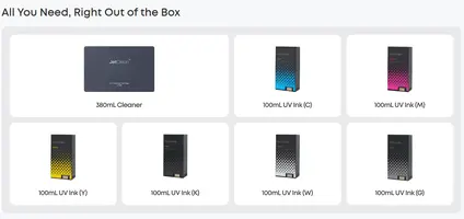 eufyMake E1 Ink Cartridge Kit - UV Ink (1 each) Black / Cyan / Magenta / Yellow / Gloss / White (100ml each, 600ml total) and 1 cleaning cartridge (380ml) (V7240 Hard Bundle) - V7240010.png