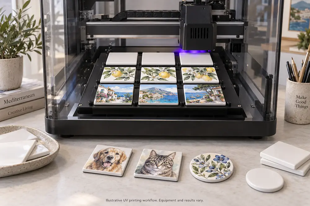 Illustrative UV flatbed printer personalizing ceramic fridge magnet blanks