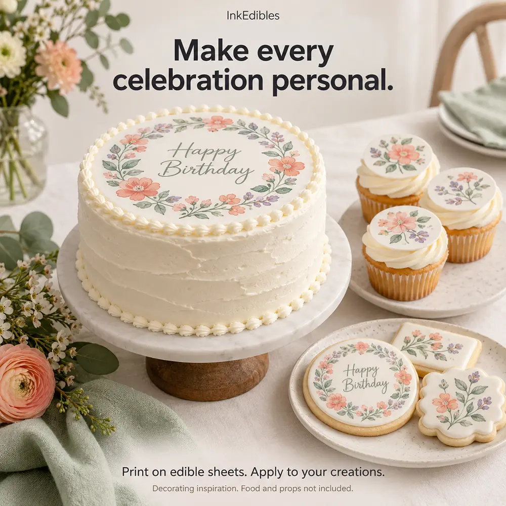 Illustrative ideas for personalized edible photo decorations on cakes, cookies and other treats