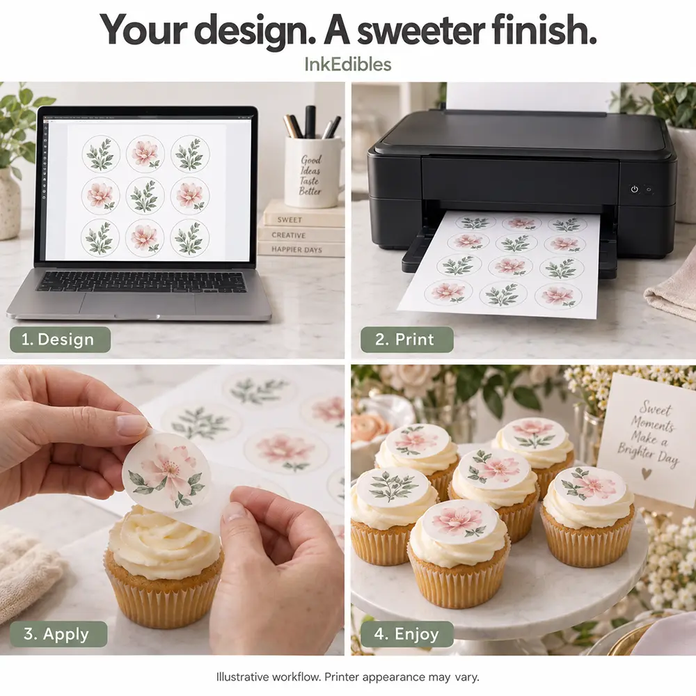 Illustrative design, print, apply and enjoy workflow for edible cupcake toppers