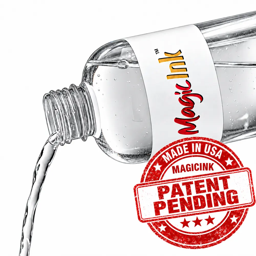 MagicInk clear ink bottle with a gold PATENT PENDING MAGICINK seal